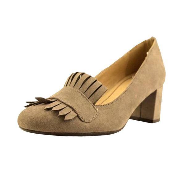 Chinese Laundry Anete Taupe Fringe Block Heel Pumps Size 6.5 Suede Boho Chic - Picture 2 of 16